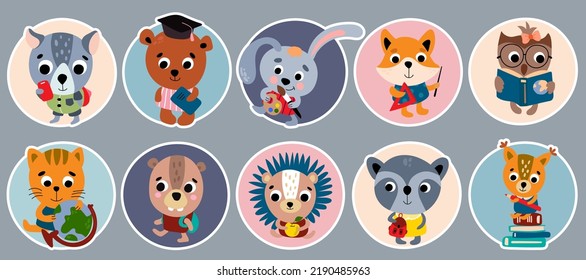 Back to school. Animal stickers set. Vector illustration.	