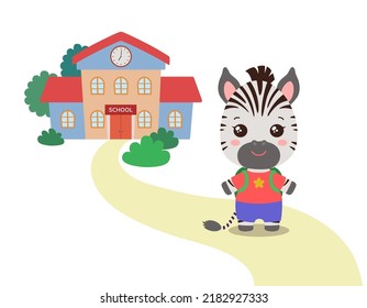 Back To School Animal Vector Illustration. Cute Zebra Student And School Building Behind. Smiling Zebra Animal Cartoon Character. Elementary School Clipart Flat Design Kawaii Style.