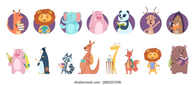 Back to school animal. Wild animals avatars, read books. Lion pig giraffe and bear, cute reading book vector characters