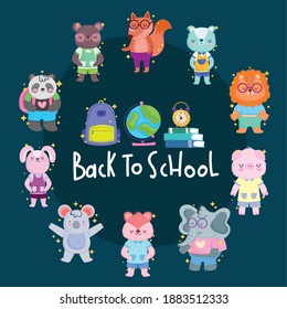 Back to school animals cartoons circle with icons design, eduacation class and lesson theme Vector illustration