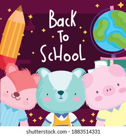 Back to school animals cartoons pencil and world design, eduacation class and lesson theme Vector illustration