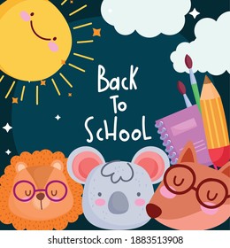 Back to school animals cartoons sun and icons design, eduacation class and lesson theme Vector illustration