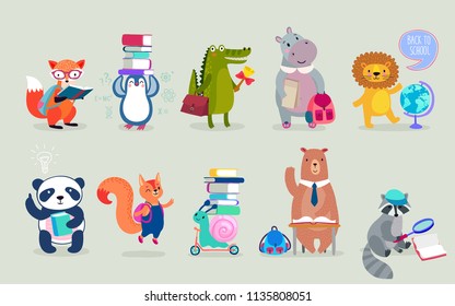 Back To School Animals Hand Drawn Style, Education Theme. Cute Characters. Bear, Penguin, Hippo, Panda, Fox And Others. Vector Illustration.