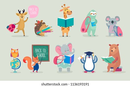 Back To School Animals Hand Drawn Style, Education Theme. Cute Characters. Bear, Sloth, Penguin, Elephant, And Others. Vector Illustration.