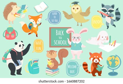 Back To School Animals Hand Drawn Style, Education Theme. Cute Characters. Vector Illustration.