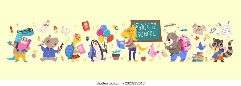Back to school Animals hand drawn style, educational theme. Vector illustration.