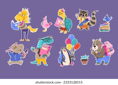 Back to school Animals hand drawn style, educational theme. Cute characters. Bear, hippopotamus, penguin, raccoon and others. Vector stickers with student animals.