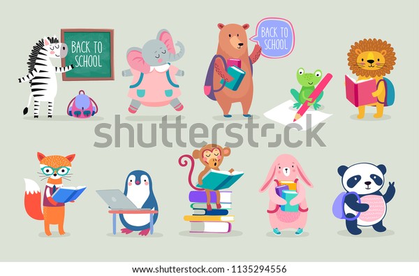 Back to school Animals hand drawn style,\
education theme. Cute characters. Bear, penguin, elephant, panda,\
fox and others. Vector\
illustration.
