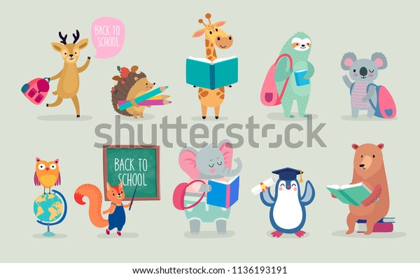 Back to school Animals hand drawn style,\
education theme. Cute characters. Bear, sloth, penguin, elephant,\
and others. Vector\
illustration.