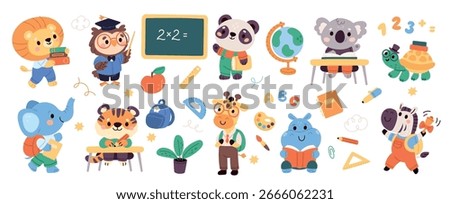 Back to school animals. Little funny lion, owl, panda and elephant students, fauna characters with books and backpacks, knowledge sign garish vector cartoon flat style isolated education mascot set