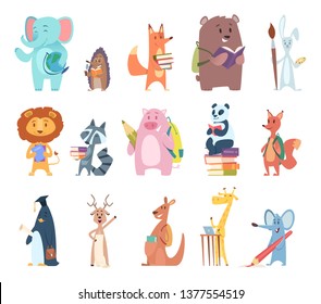 Back To School Animals. Young Funny Zoo Characters School Items Elephant Rabbit Bear Fox Squirrel Backpack Books Vector Characters