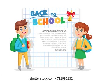 Back to school announcement lettering frame with schoolgirl schoolboy notebook squared paper page background poster vector illustration 