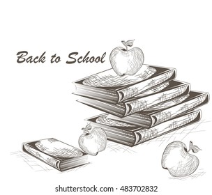 Back to school. Apple and Books engraving style. 