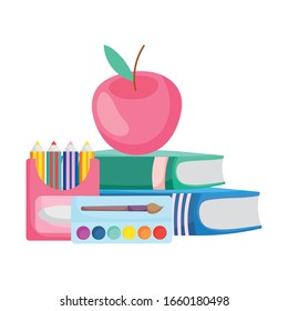 zurück zu den Apfelbüchern der Schule Bleistifte Farbe und Aquarellfarbenkartoon Vektorillustration Illustration
