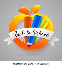 Back to school apple frame with pencils and ribbon. Calligraphy style typography. Modern education symbol for web, business banners, poster, flyer. Paper art cut out craft style