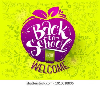 Back to school apple stamp background with hand drawn doodles. Typography Enjoy back to school for banners, posters, flyers. Creative sketch design for back to school advertising