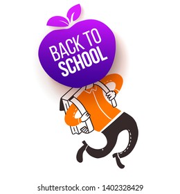 Back to school. Apple symbol of education is had of schoolboy hy run with satchel. Vector doodle illustration with typography text greetings.