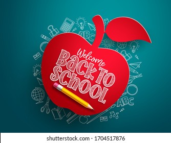 Back to school apple vector banner. Back to school text in red paper cut apple with hand drawn school items and elements in blue background. Vector illustration.
