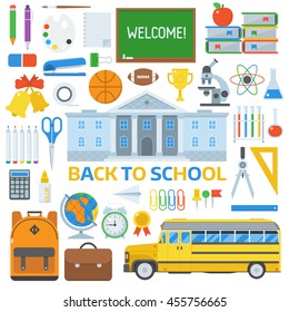 Back to school appliances and equipment. Start education elements collection. Schoolbag, yellow bus, college building, chalkboard, stationery. Elementary student icon set.