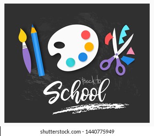 Back to school art background . Paper cut cartoon education supplies set in trendy craft style. Modern origami teaching and learning symbol design. Vector illustration