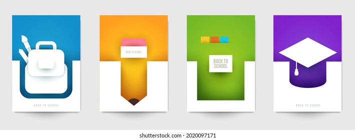 Back to school art composition in modern minimalistic style. Collection cartoon design concepts. Set of colorful templates background for cover, banner, flyer. Creative vector illustration.