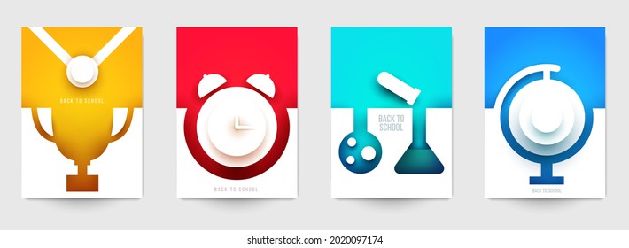 De vuelta a la composición del arte escolar en un estilo minimalista moderno. Conceptos de diseño de dibujos animados de colección. Coloridas plantillas de fondo para portada, banner, volante. Ilustración vectorial creativa.