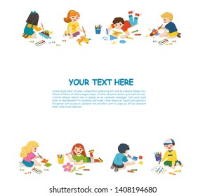 Back to School. Art kids.  Cute children have fun and ready to get painting together. Template for advertising brochure. Children look up with interest.