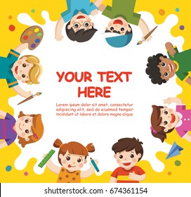 Back to School. Art kids.  Cute children have fun and ready to get painting together. Template for advertising brochure. Children look up with interest.