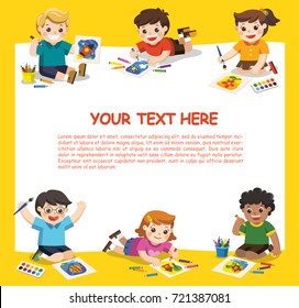 Back to School. Art kids.  Cute children have fun and ready to get painting together. Template for advertising brochure. Children look up with interest.