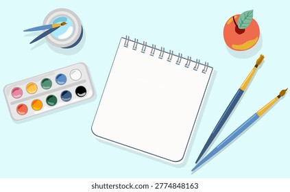 Back to School Art Set Vector Watercolor Paints Brushes and Red Apple on Desk Minimalist Open Notebook Flat Lay for Elementary Education and Creativity