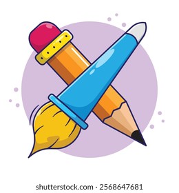 Back to school art supplies pencil and paintbrush vector illustration cartoon. School stationery in flat style concept. World art day