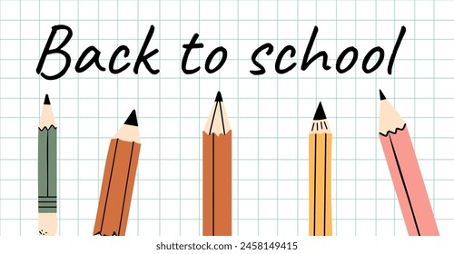 Back to school artistic banner with different pens. Vector illustration.