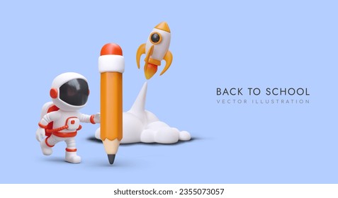 De vuelta a la escuela. Astronauta, lápiz gigante, lanzamiento de cohetes. Preparación para el estudio. Cursos educativos. Es hora de reunirse. Inspiración vectorial con ilustración realista al estilo de las caricaturas. Cartel con texto