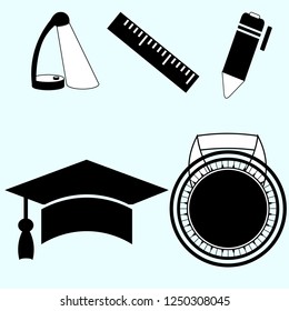 Back to school. School attributes icons. Study lamp, ruler, graduation cap, medal. Vector