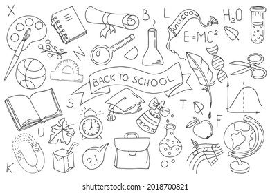 Back to school. School attributes set. Isolated doodles. Vector illustration.
