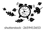 Back to School Autumn Alarm Clock. Black Silhouette Vector of Ringing Clock Surrounded by Falling Leaves, Seasonal School Start Concept for Education, September, and Morning Wake Up Design