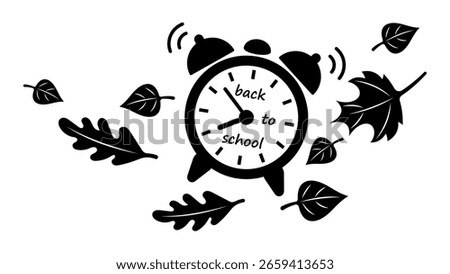 Back to School Autumn Alarm Clock. Black Silhouette Vector of Ringing Clock Surrounded by Falling Leaves, Seasonal School Start Concept for Education, September, and Morning Wake Up Design