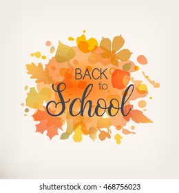 Back to School. Autumn banner in watercolor cartoon style with lettering.