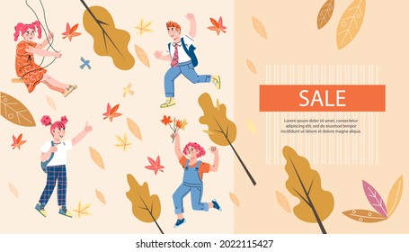 Back to school and autumn goods sale website banner template with happy children, flat cartoon vector illustration. Web landing page for kids  stores  autumn fall seasonal sale and discount.