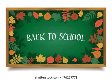 Back to School. Autumn leaves are drawn on the blackboard. Fall of the leaves.