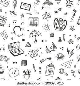 Back to School Autumn Vector Seamless Pattern. Background for Kids with Doodle School Supplies Icons .Education Design Elements. Stationery 