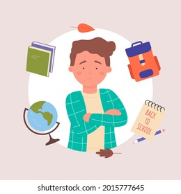 Back to school, avatar profile portrait of boy with school supplies vector illustration. Cartoon schoolboy character ready to study, standing next to schooling elements, backpack book globe background