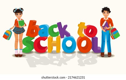 Back to school bacjground, asian boy and girl. vector illustration