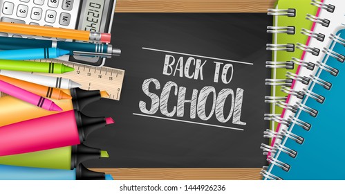 Back to school backboard textured background with realistic stationery items - highlighters, crayons, technical pencil with erasoe, ball pen, calculator. Vector illustration.