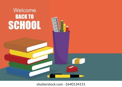 Back to school backdrop. Complete with stationery, stack of books, rulers, and school accessories. For posters, banners, flyers, and sales banners.
