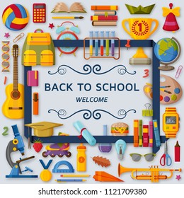 Back to school background with 3d paper cut signs. Vector illustration.