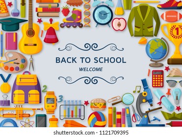 Back to school background with 3d paper cut signs. Vector illustration.
