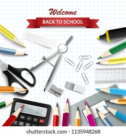 Back to school background with aids on square paper