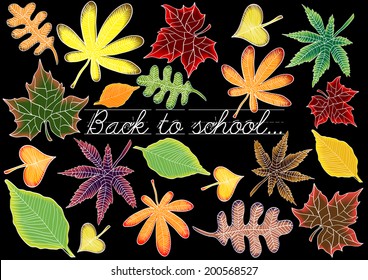 back to school background with autumn leaves on blackboard