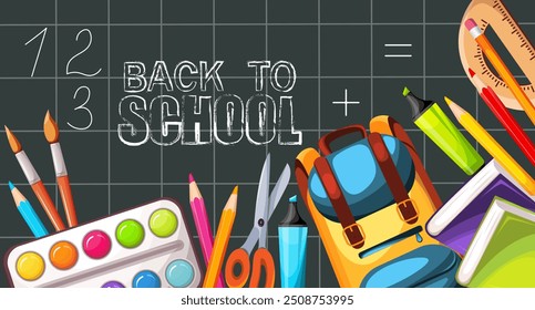 Back to school. Background with backpack, books, paints, pens, pencils. School supplies. Vector illustration.
